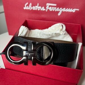 $495 Ferragamo Men’s Belt 32 (80 cm) Black Brown Reversible Gancini Buckle Italy